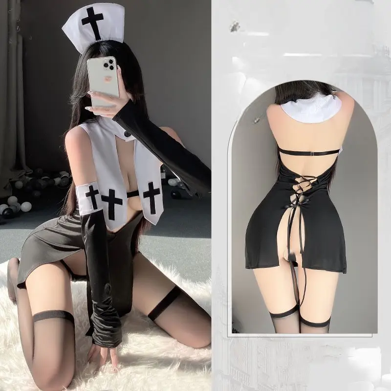 Deguisement religieuse sexy - Robe originale fendue très haut et ouverte derrière 3 déguisement de religieuse sexy