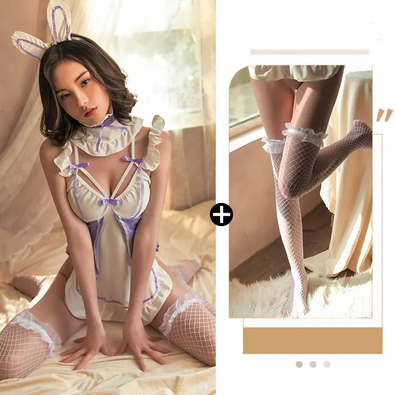 Tenu soubrette sexy`- Dispo en noir ou violet | Taille unique 3 Tenue sexy de soubrette et bas autofixants