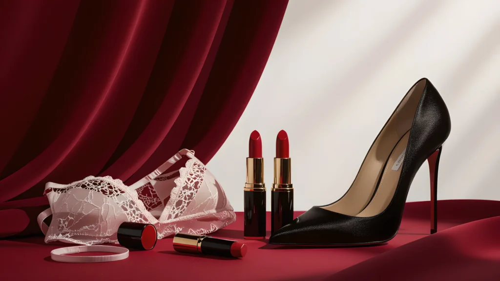 Place des Fantasmes 5 Un beau décor sur des tons de rouge avec un soutien-gorge rose, deux rouges à lèvres et un côté d'escarpin à talon